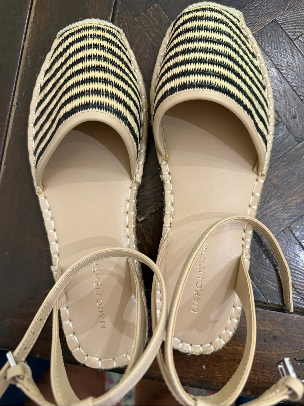 Marc Fisher Beige and Black Striped Espadrille Ankle-Strap Flat